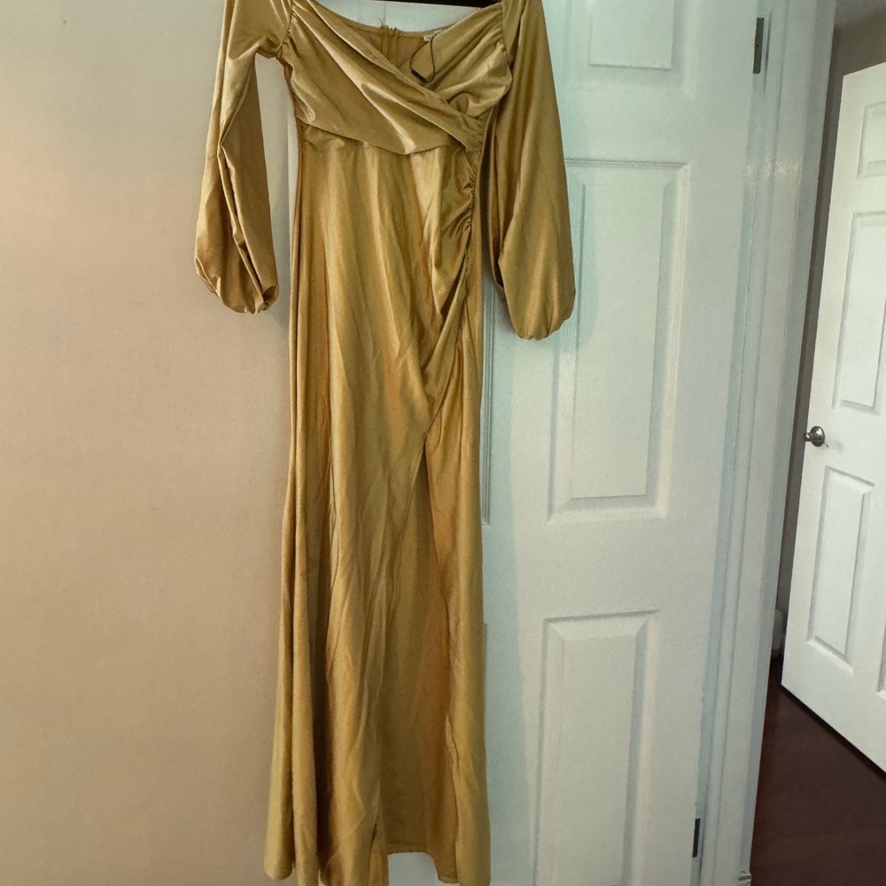 Fashion Nova Gold Off-Shoulder Bishop Sleeve Gown